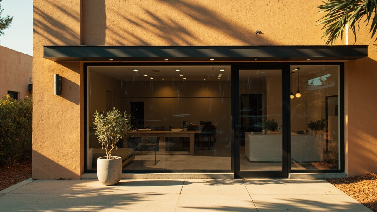 Warm industrial workshop exterior in afternoon light