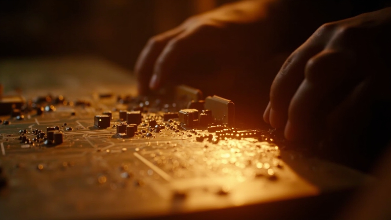 PCB assembly with warm workshop lighting