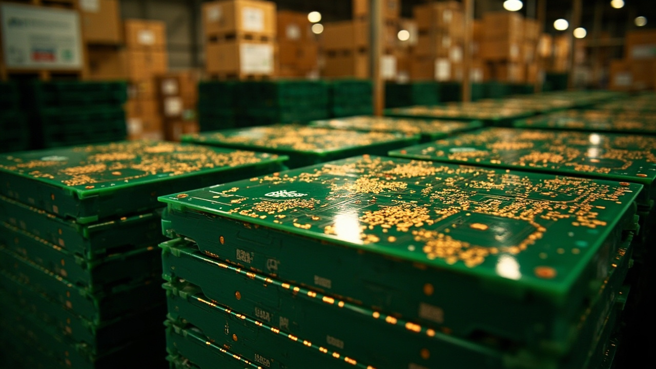 Trays of production PCBs in a warm warehouse