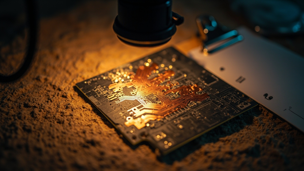 PCB quality inspection under a magnifying lamp